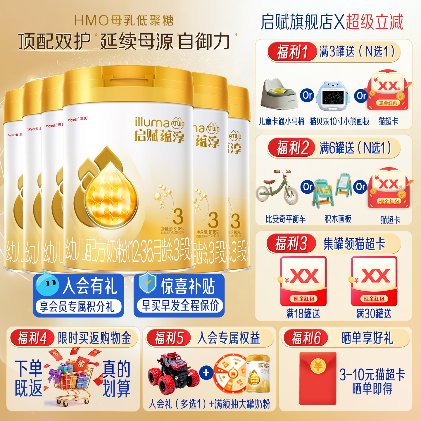 惠氏启赋蕴淳3段奶粉810g*6罐婴儿婴幼儿HMO配方官方旗舰新加坡版