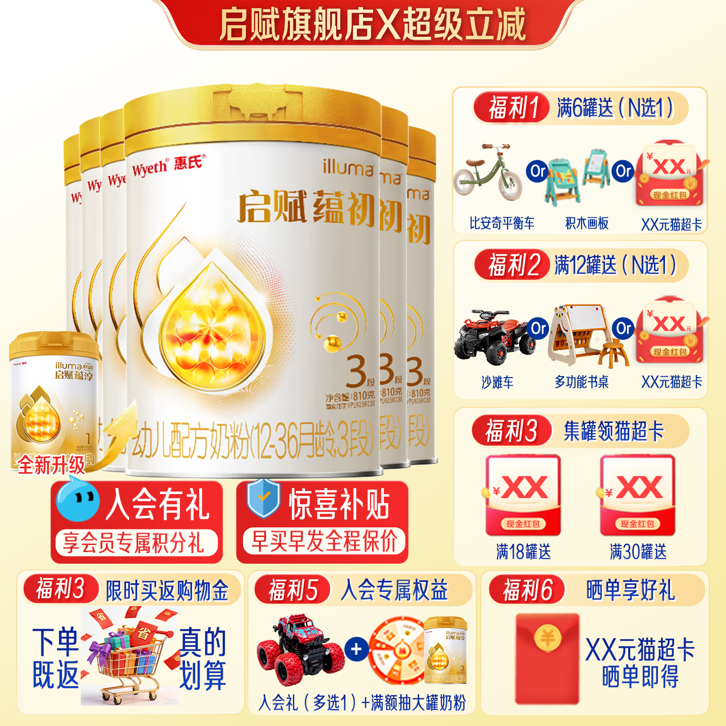 7种HMO重磅新品】惠氏启赋蕴初3段进口A2奶源婴幼儿奶粉810g/6罐