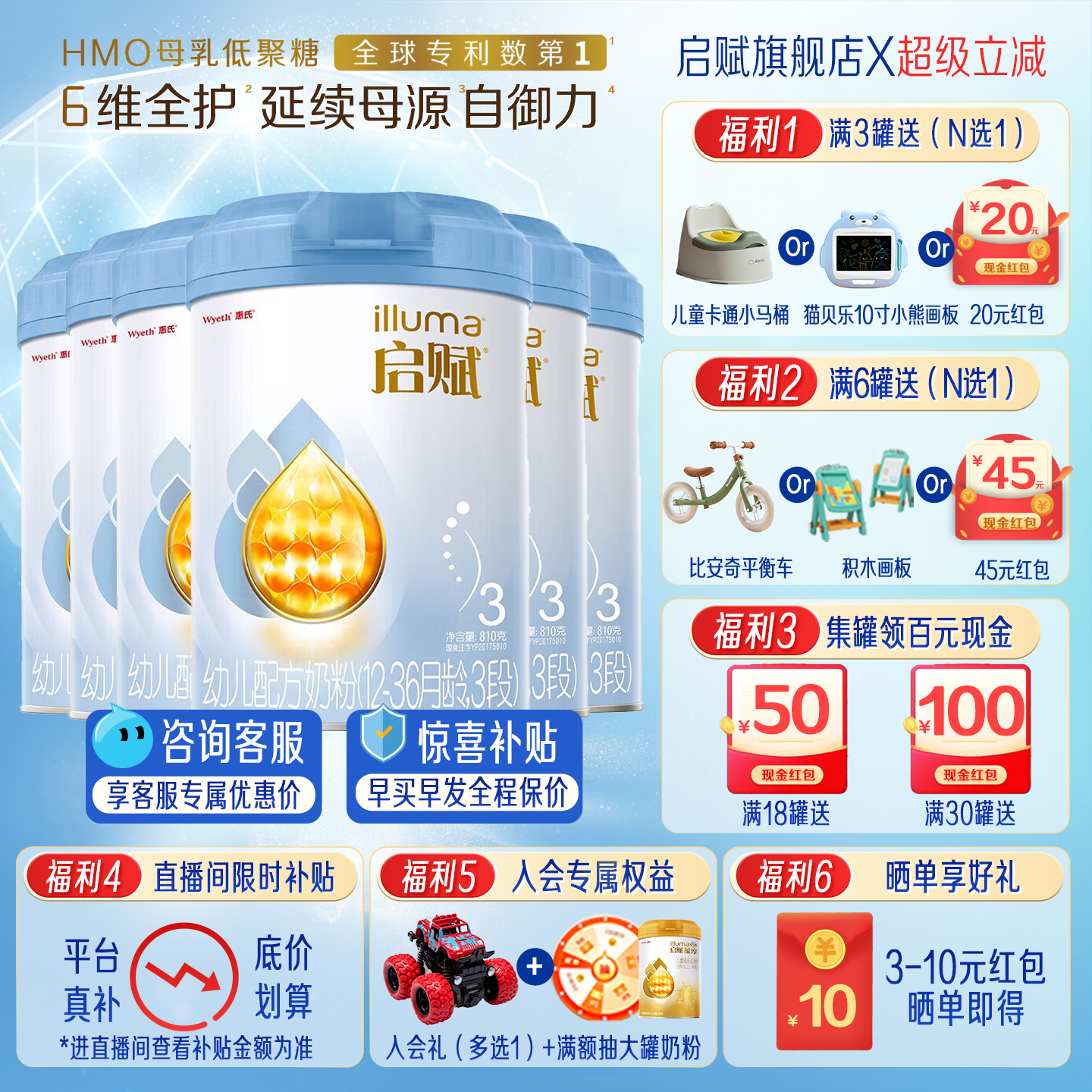 新国标惠氏启赋蓝钻3段奶粉810g*6罐婴幼儿配方官方旗舰店正品