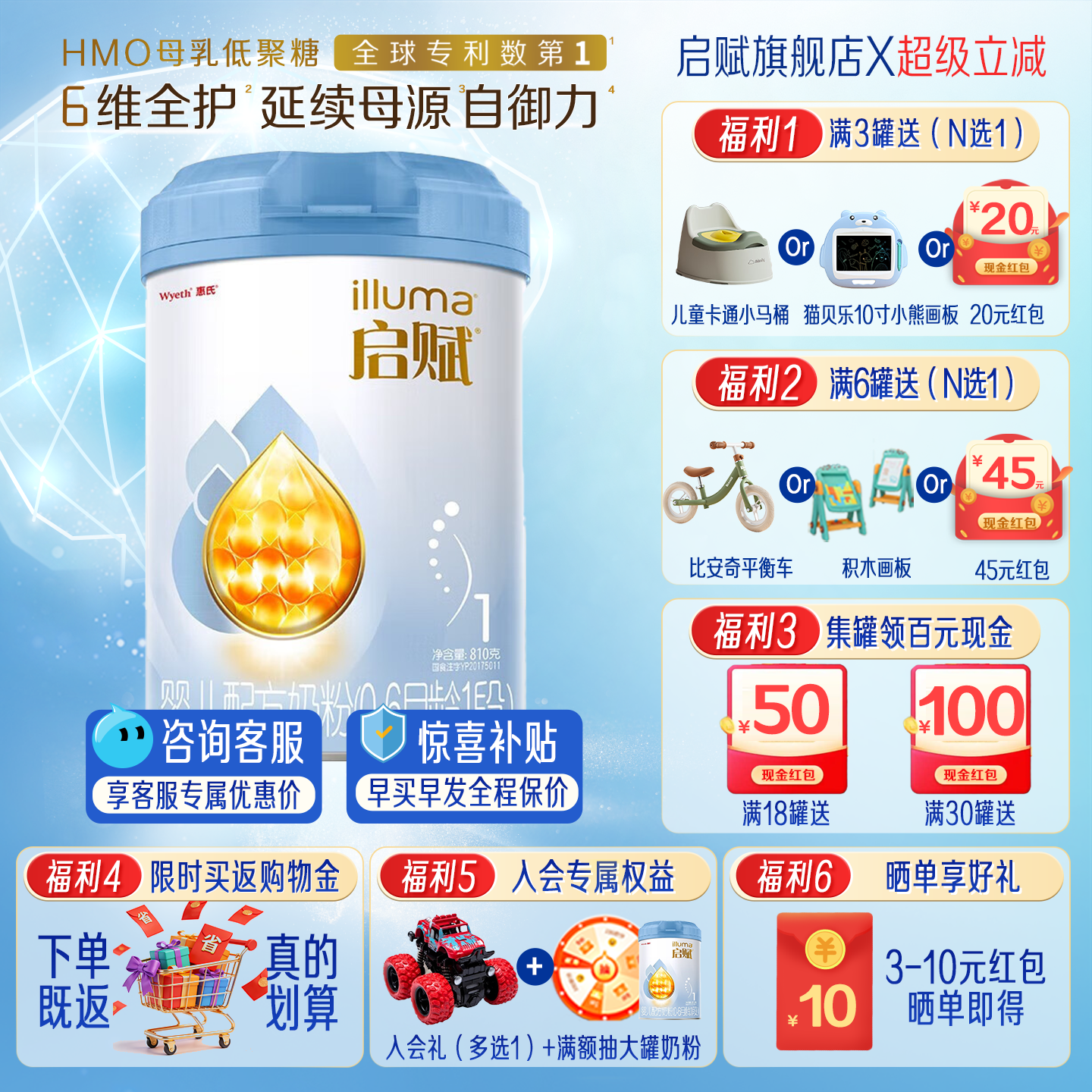 启赋蓝钻1段配方奶粉0-6个月惠氏一段婴儿0段新生810g官方旗舰店