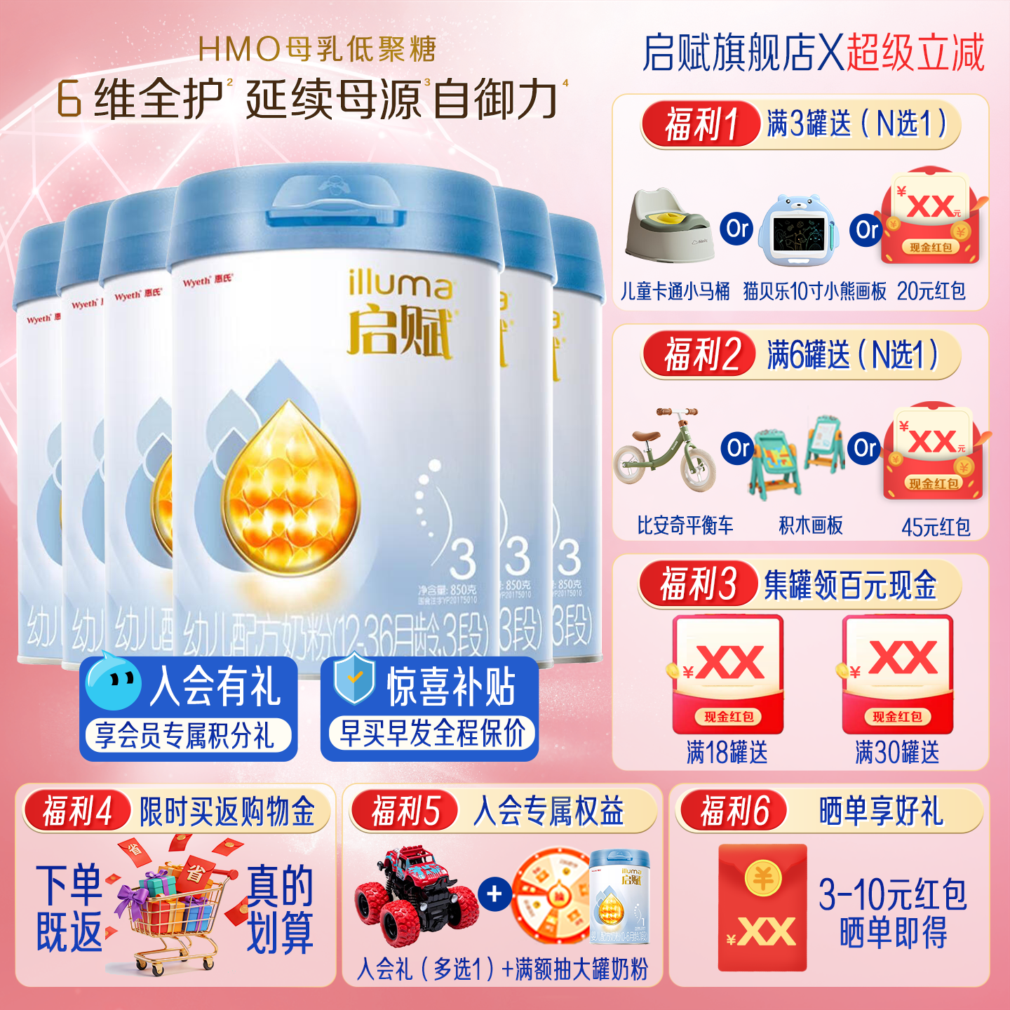 新国标惠氏启赋蓝钻3段奶粉850g*6罐婴幼儿配方官方旗舰店正品