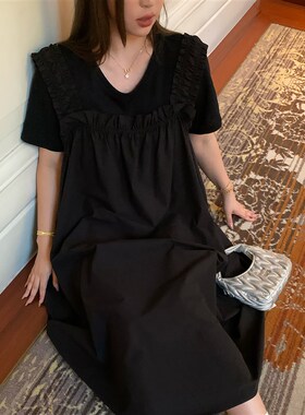 NAZ那子大码夏季水洗高密澳棉花苞背带裙胖mm黑色日系压褶连衣裙