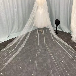 新款头纱头饰细闪粉闪亮片烫喷金纱花边结婚新娘长款拖尾头纱百搭