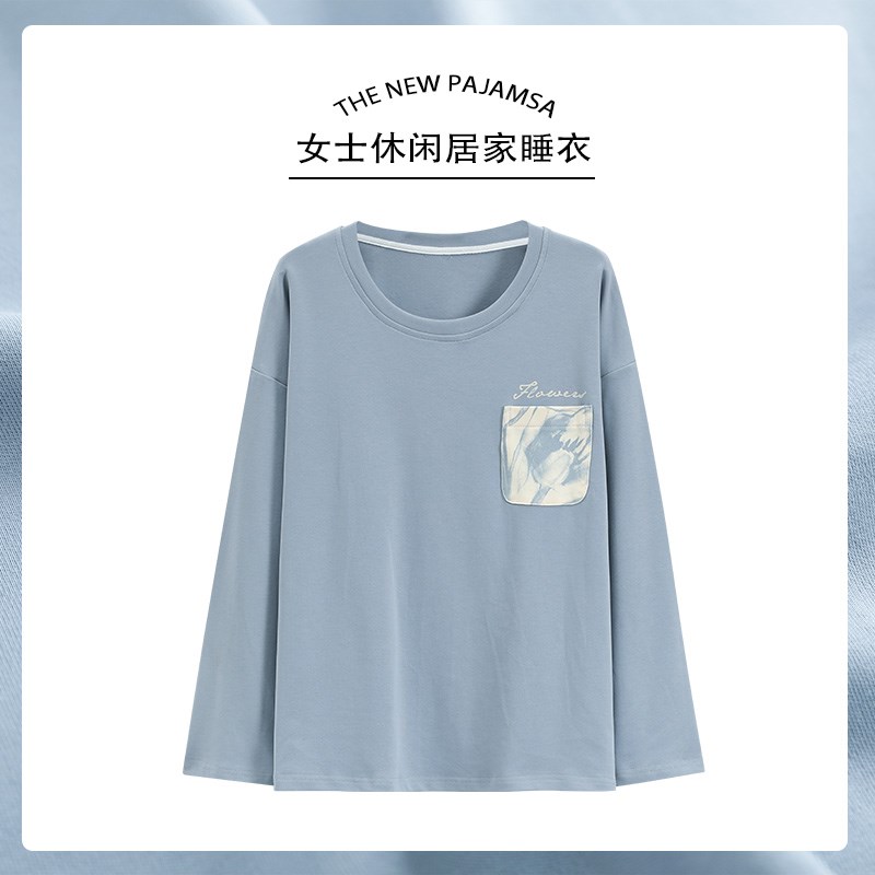 100%棉睡衣女春秋长袖单件上衣纯棉薄款全棉T恤大X码家居服上装