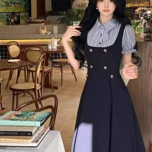 式 设计感遮肚显瘦收腰西装 洋装 大尺码 长 夏季 学院风减龄假两件衬衫