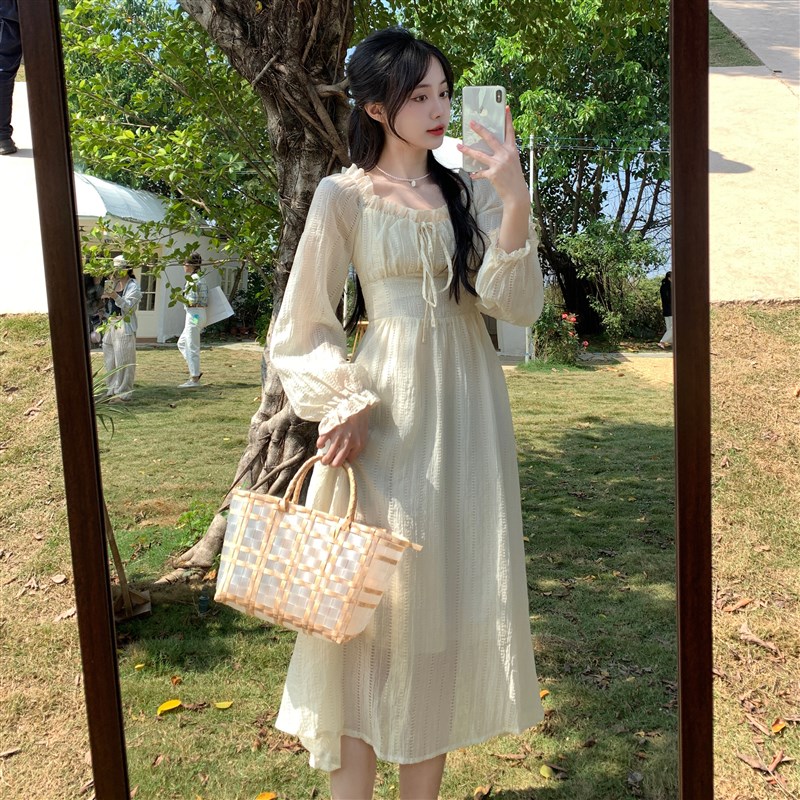 大码胖mm法式甜l美方领长袖连衣裙女春夏新款收腰显瘦a字中长裙子