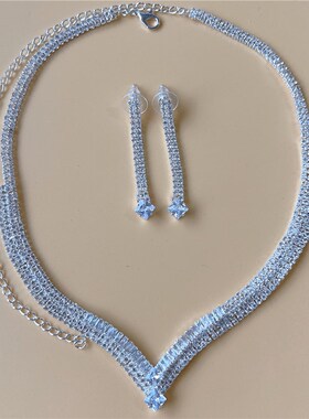 奢华闪亮镀银迷人新娘婚礼项链耳环套装水钻饰品2件套婚庆配饰