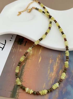 新款森系绿色复古天然石串珠项链小众轻奢时尚百搭气质叠戴锁骨链