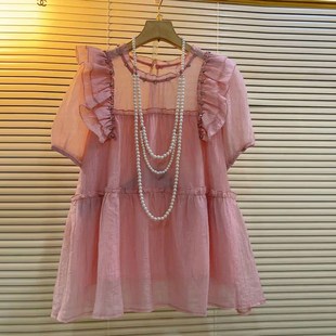 韩版 胖妹妹百搭亮钻荷叶肩短袖 女装 加肥大码 甜美减龄休闲上衣 小衫