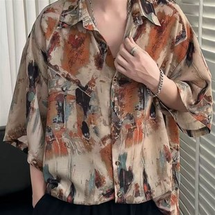 覆古港风休闲 短袖 夏季 冰丝花衬衫 冰感海边度 t恤男2025新款