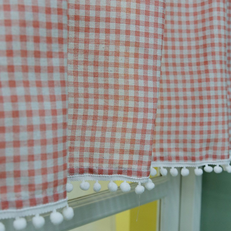 外贸北欧小清新格子咖啡帘穿杆小窗帘成品蕾丝短帘门帘半帘