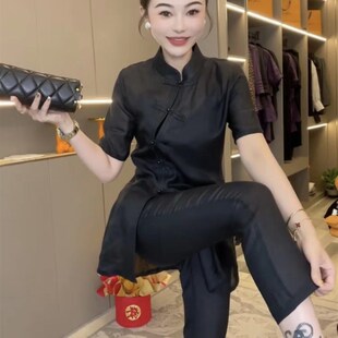 显瘦国风复古盘扣上衣八分裤 气质夏新修身 女 套装 高级感棉麻时尚