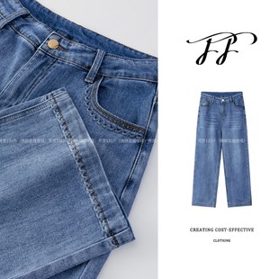 新款 裤 格调花边绣花工艺薄款 蓝色法棍裤 女F3070 九分牛仔裤 夏季