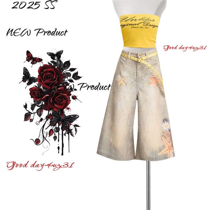 大尺码美式覆古扎染印花牛仔七分裤女夏季新款街头显瘦直筒阔腿五