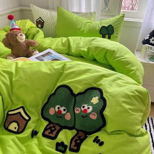 床上用品 绿色发财树毛巾绣全棉四件套100纯棉简约被套床单T床笠款