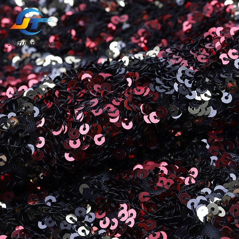 春夏时尚5mm红色亮片弹力网布绣花礼服布料珠片蕾丝婚纱面料