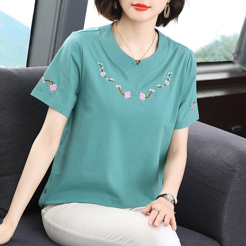 民族风纯棉绣花短袖T恤中年妈妈装宽松显瘦上衣大码半袖女士小衫