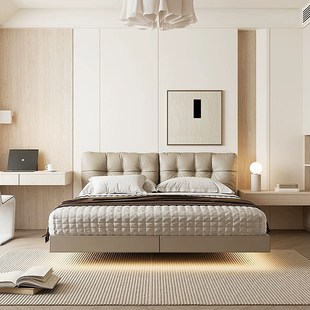 意式 奶油风悬浮床现代小户型全真皮云朵床齐边带灯1.8米主卧大床