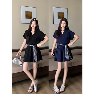 女气质时尚 V领短袖 小衫 2025夏装 套装 胖mm大尺码 飘带短裤 新款