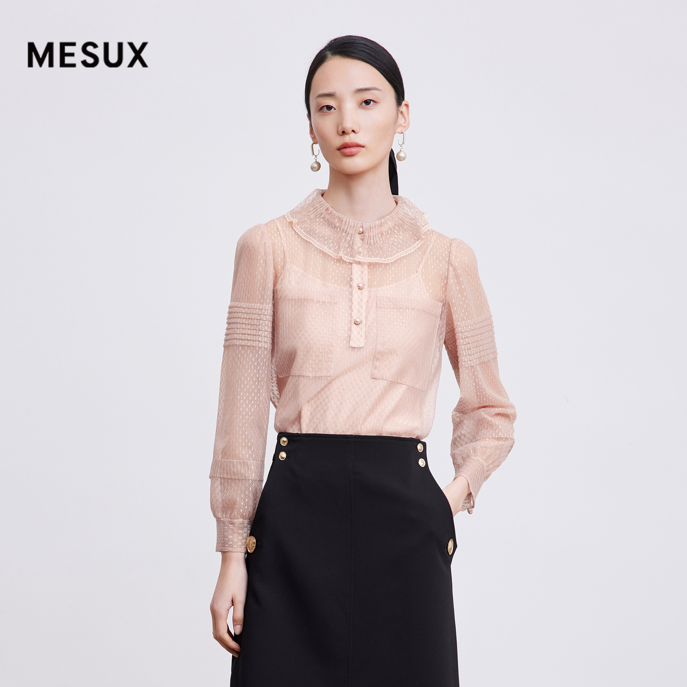 MESUX米岫塔克工艺蕾丝飘逸网纱荷叶领长袖衬衫上衣MKSUD511
