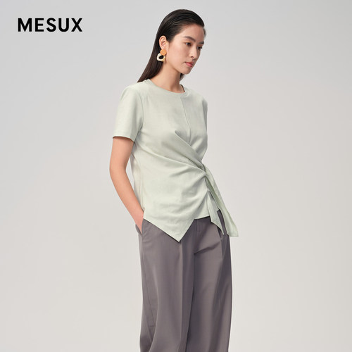 MESUX米岫女装宽肩系带短袖T恤女不规则上衣MLSUB301
