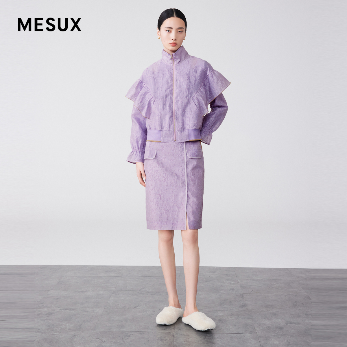 MESUX米岫新款艺术提花一步裙铅笔裙半裙中裙粉紫色MKSUS308