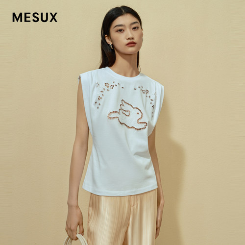 MESUX米岫夏季女装绣花兔子多色镂空宽肩T恤女MLMDB202