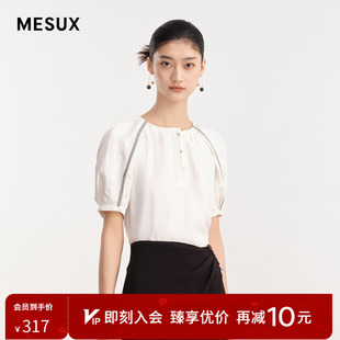 绣线泡泡袖 MESUX米岫夏季 无领衬衫 女装 T恤上衣女MLMUD317 短袖