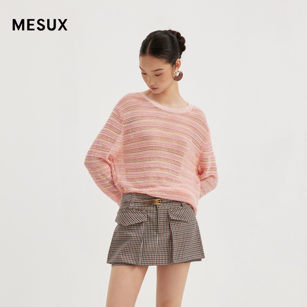 MESUX米岫秋季女装甜美微透视亮片套头晕染针织衫MMFUE408