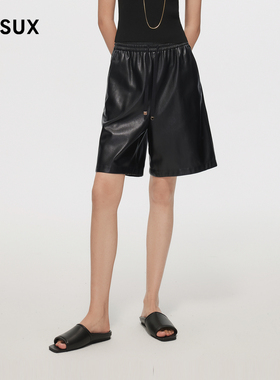 MESUX米岫新品时尚设计黑色短款蛋白PU短裤女MMSUQ101