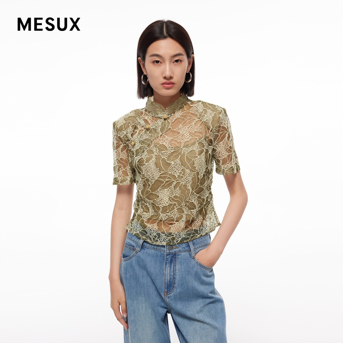 MESUX米岫新品女装新中式蕾丝透视感短袖上衣MMMUD326