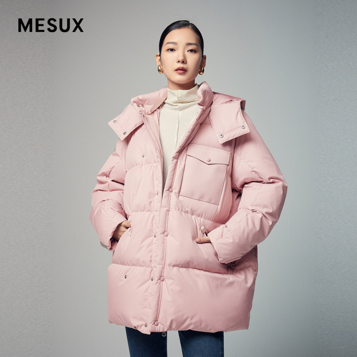 MESUX米岫冬季新品时尚设计白鹅绒带帽茧型长款羽绒服女MLWUL