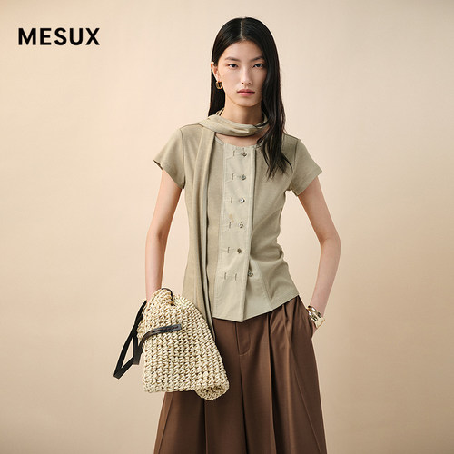 MESUX米岫夏法式松弛风挺阔双排扣设计衬衫短袖T恤上衣MNMUD310