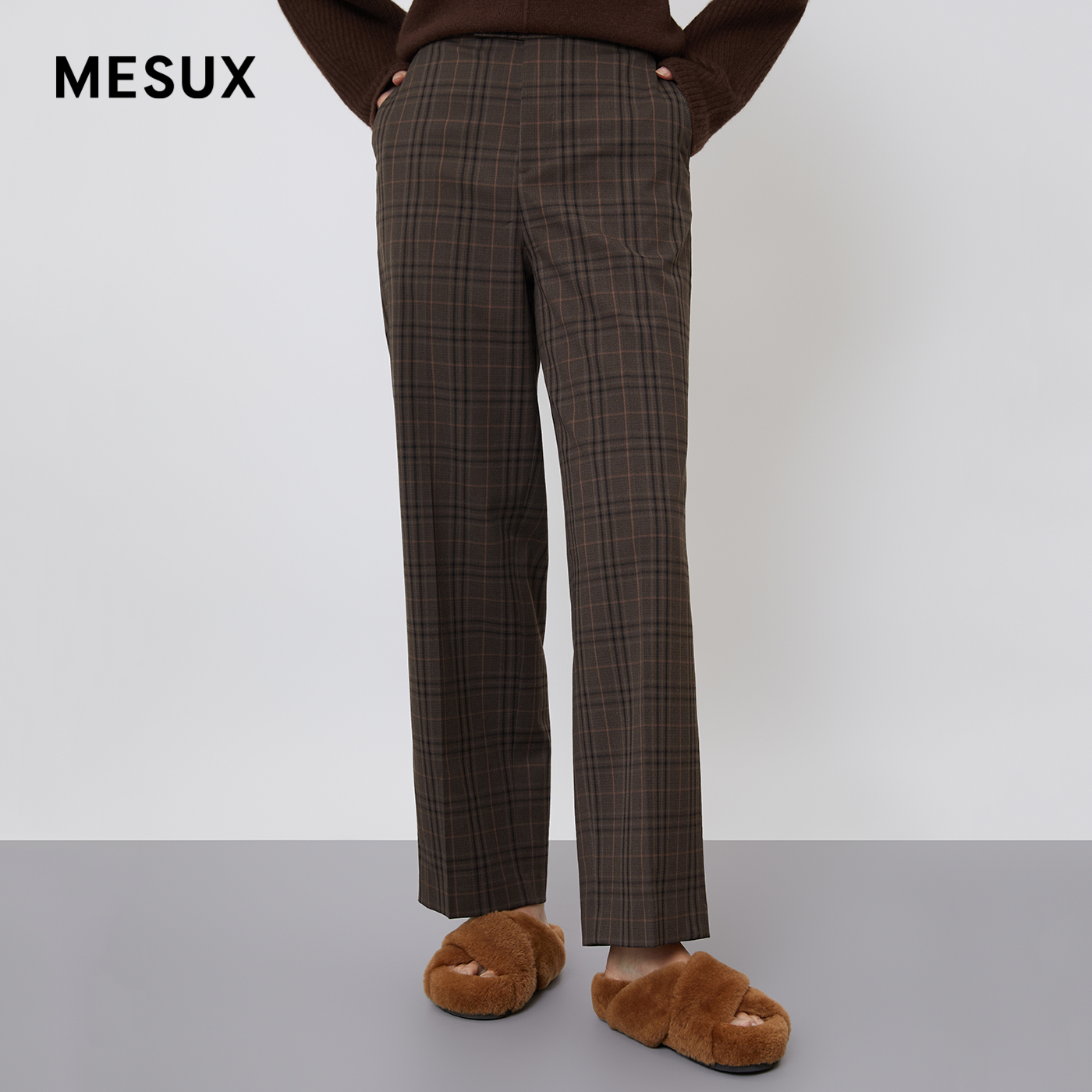MESUX米岫冬季新复古街头廓形英伦学院格纹宽腿裤MKWUQ418