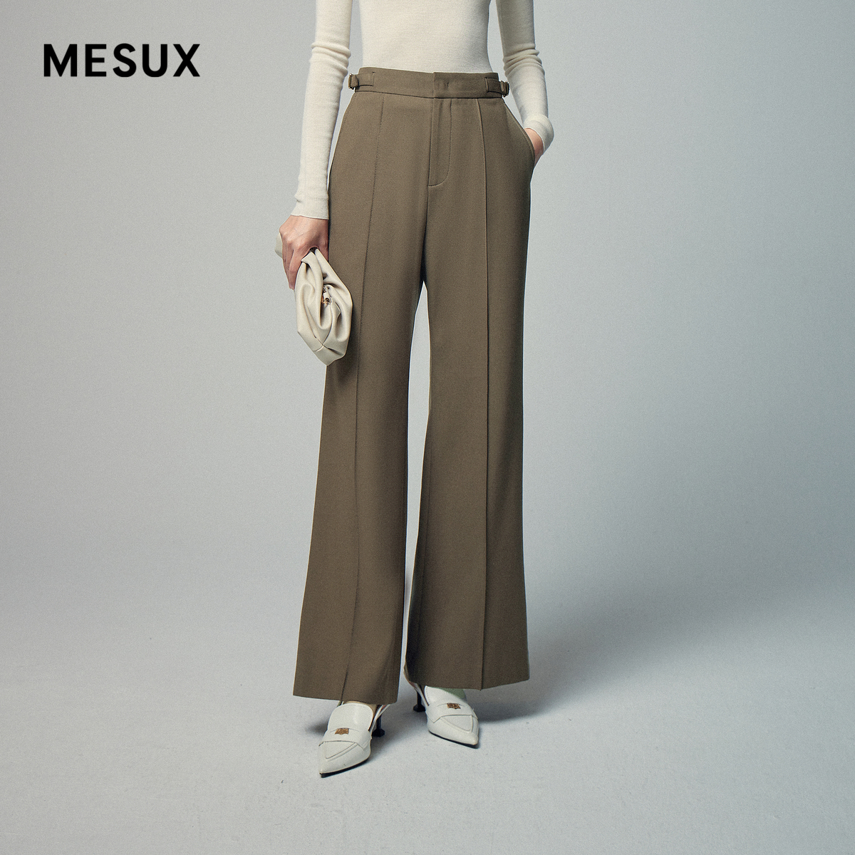 MESUX米岫冬季新品时尚设计深咖啡色长款微喇长裤女MLWUQ413