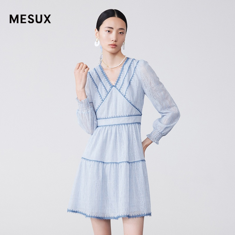 MESUX米岫拼接撞色织带蕾丝高腰绣花连衣裙小个子仙女MKSUO614