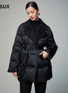 MESUX米岫冬季新品时尚设计中长黑色翻领系带羽绒服女MLWUL