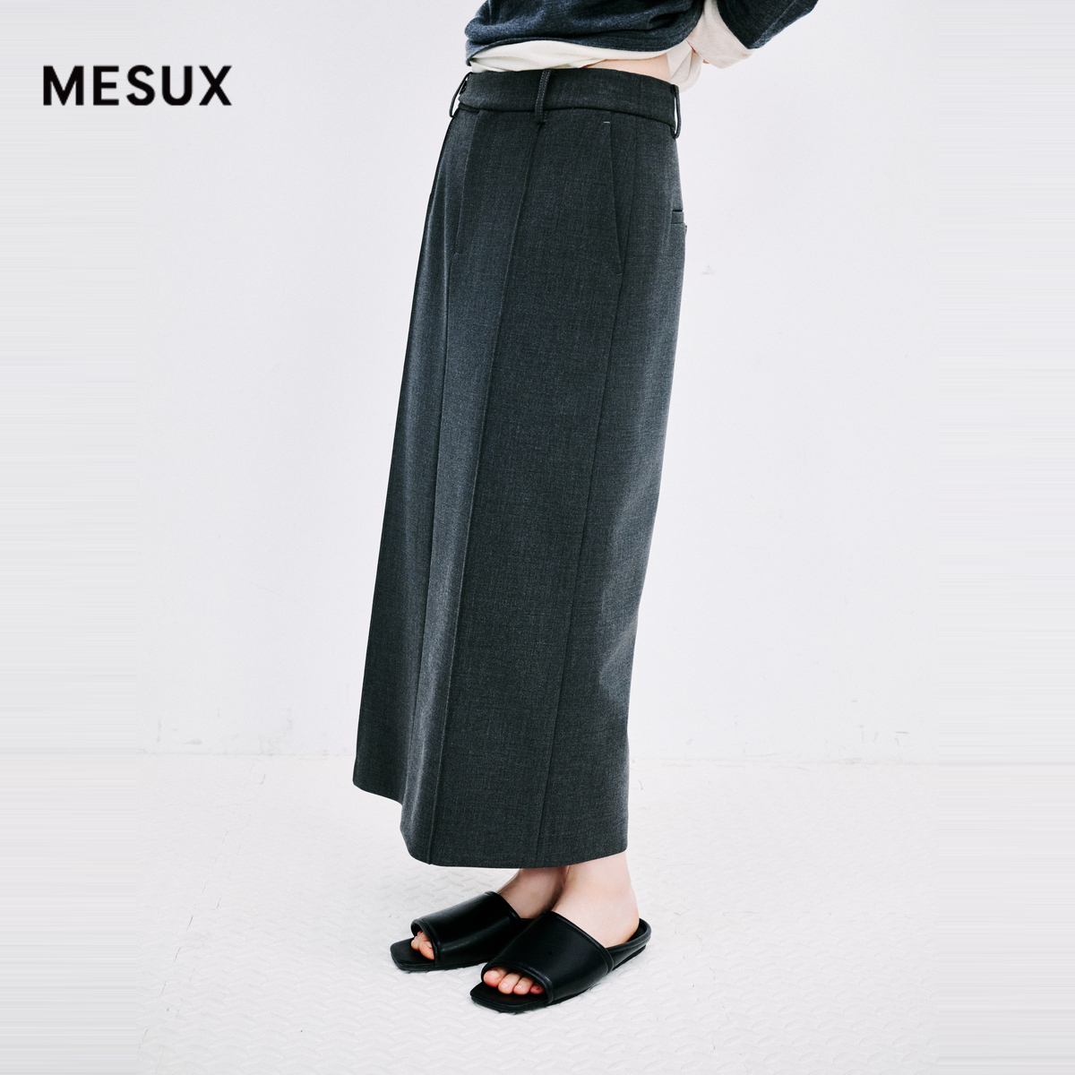 MESUX米岫新品女装西装结构侧开叉蕾丝直筒长半裙MMWUS403