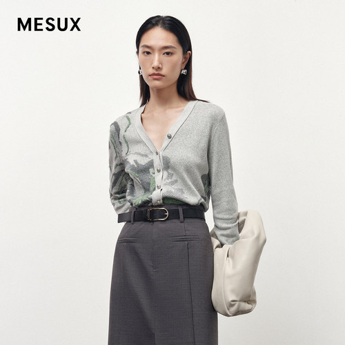 MESUX米岫秋季新品花朵提花长袖开衫女针织衫上衣女MLFUE514