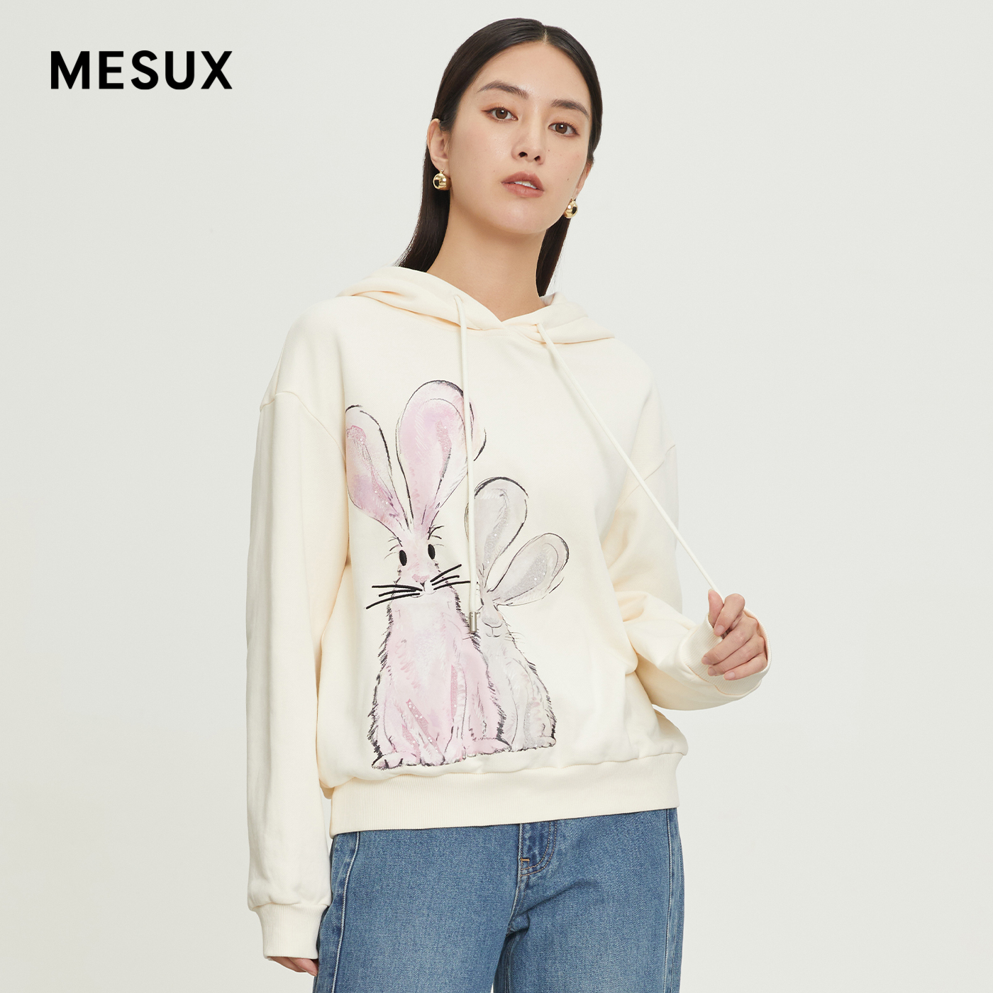 MESUX米岫冬季新款连帽设计日常帽衫可爱兔子图案卫衣MKWUZ301