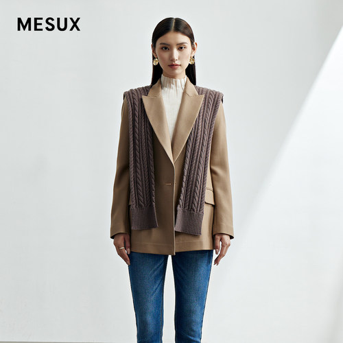 MESUX米岫秋季新品脱卸披肩西装中长款百搭外套女MLFUF301
