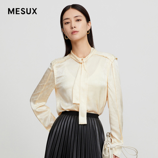 MESUX米岫秋季 MKFUC413 真丝金属纽扣直角肩设计飘带小立领衬衫