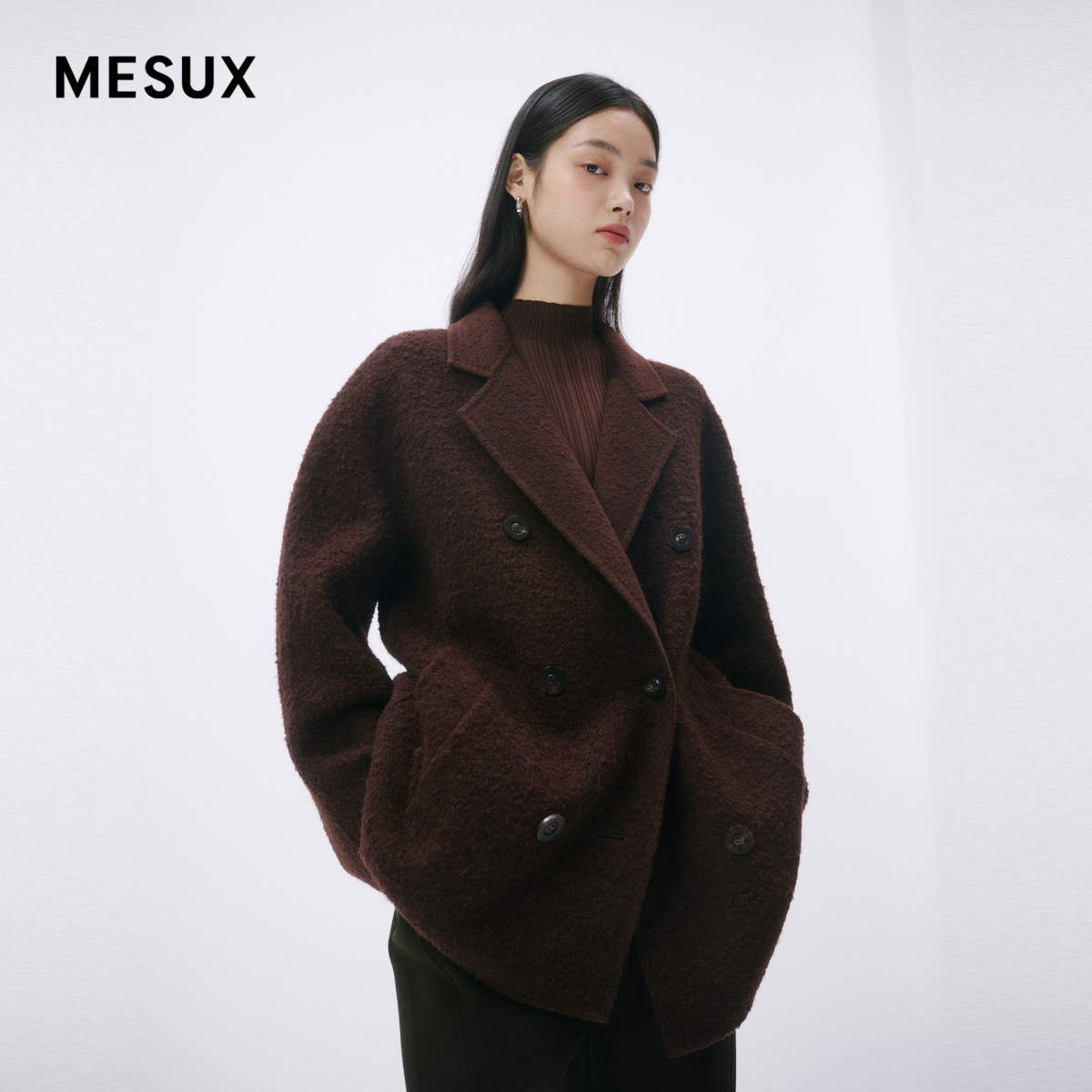 MESUX米岫新美丽诺羊毛双排扣复古大衣羊驼毛外套女MMWSI401