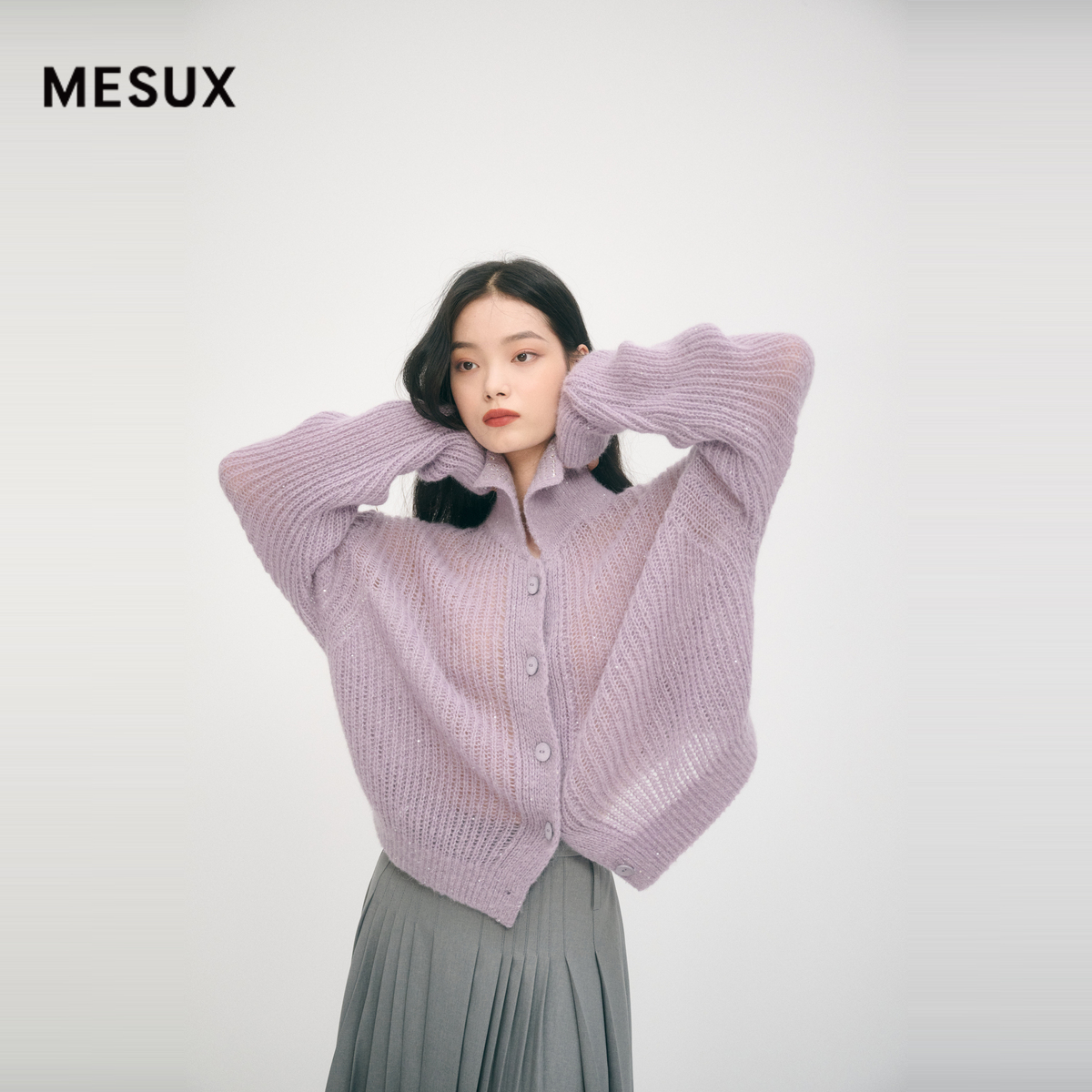 MESUX米岫新品绵羊毛短款翻领羊驼毛针织开衫毛衣外套MMWUE512