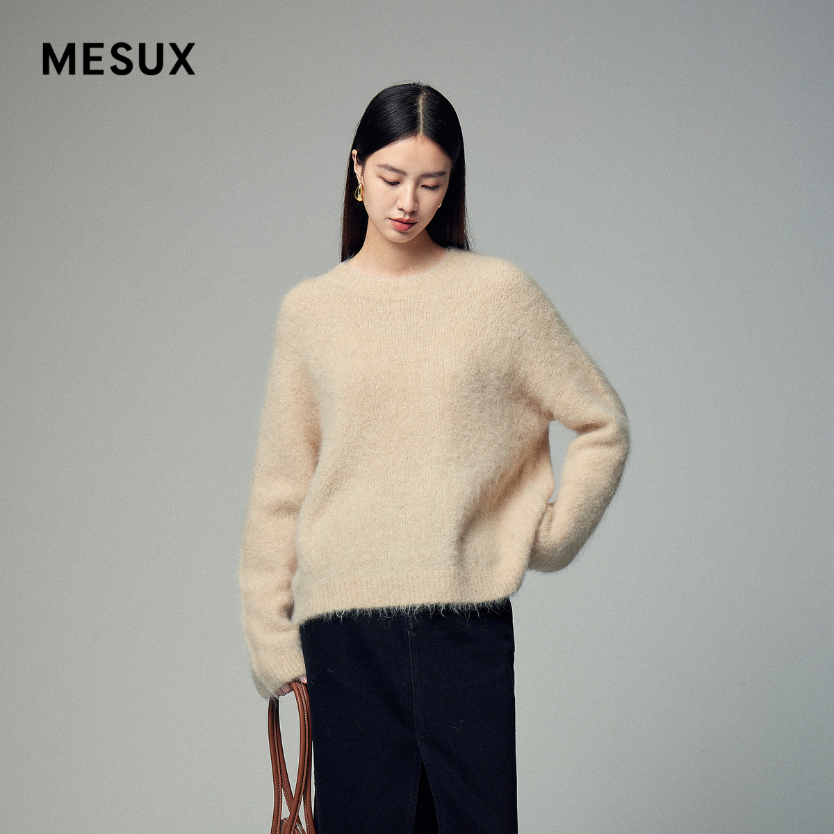 MESUX米岫冬季新品时尚设计浅绿米白羊驼毛长袖毛衫女MLWUE420