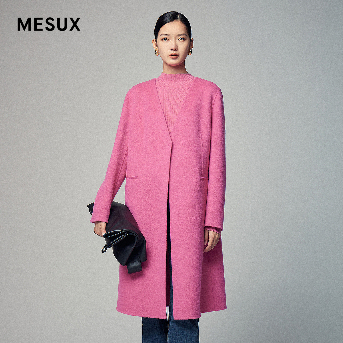MESUX米岫冬新款羊毛羊驼毛pink粉V领双面呢长款大衣MKWUI220