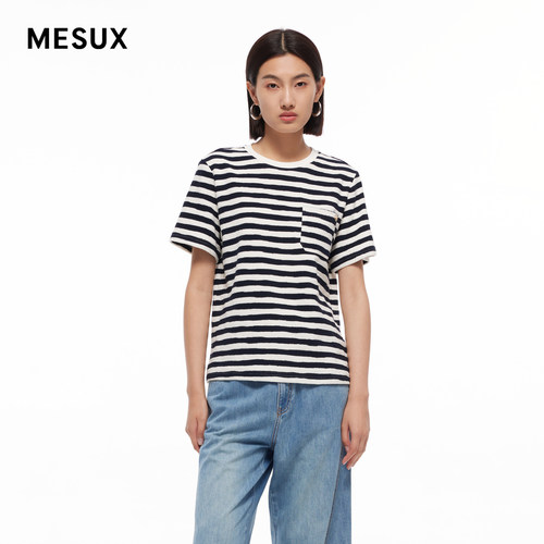 MESUX米岫夏新品女全棉圆领休闲条纹针织T恤上衣MMMUB328