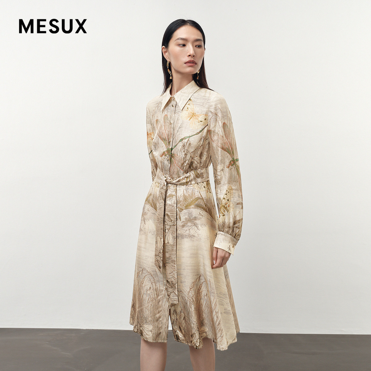 MESUX米岫秋季100%桑蚕丝印花连衣裙中长款仙女裙MLFUO612