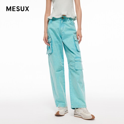 MESUX米岫新品女装蓝色全棉时尚复古直筒牛仔长裤MMMUR411
