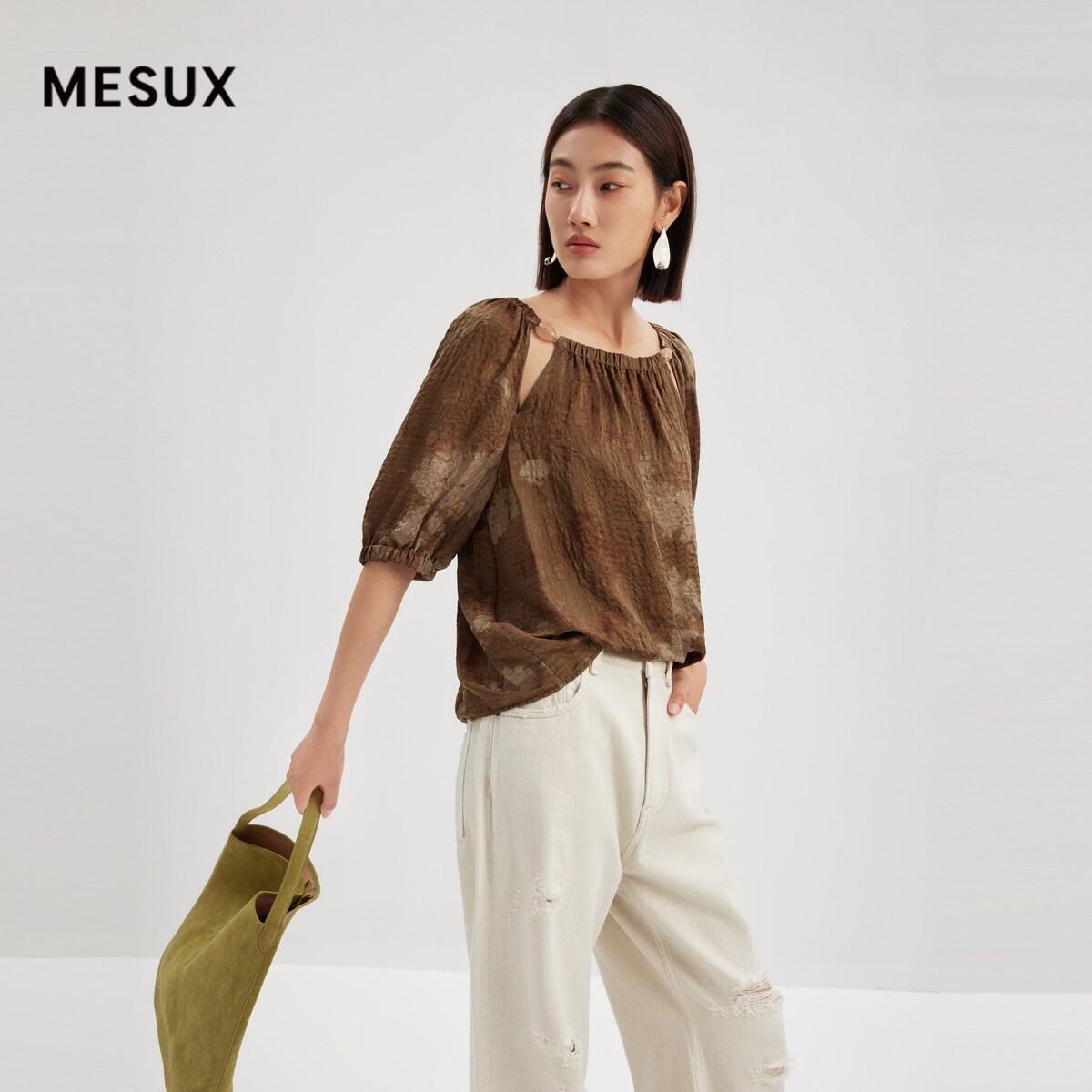 MESUX米岫秋季女装咖啡色套头五分袖晕染上衣MMFUD401